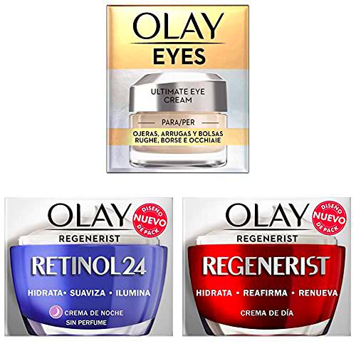 Olay Eyes Ultimate Eye Cream para Ojeras, Arrugas y Bolsas + Crema Hidratante De Noche Con Retinol + Crema Facial De Día