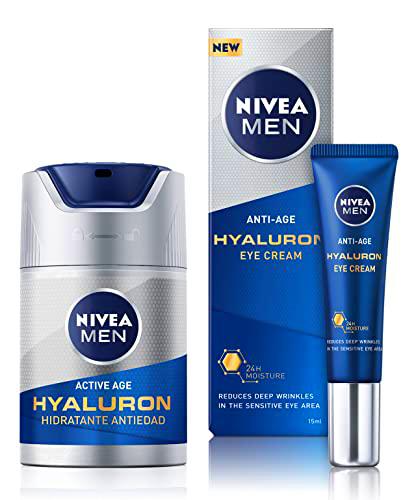 NIVEA MEN Hyaluron Crema Hidratante Antiedad FP15 + Contorno de Ojos Antiedad con Ácido Hialurónico